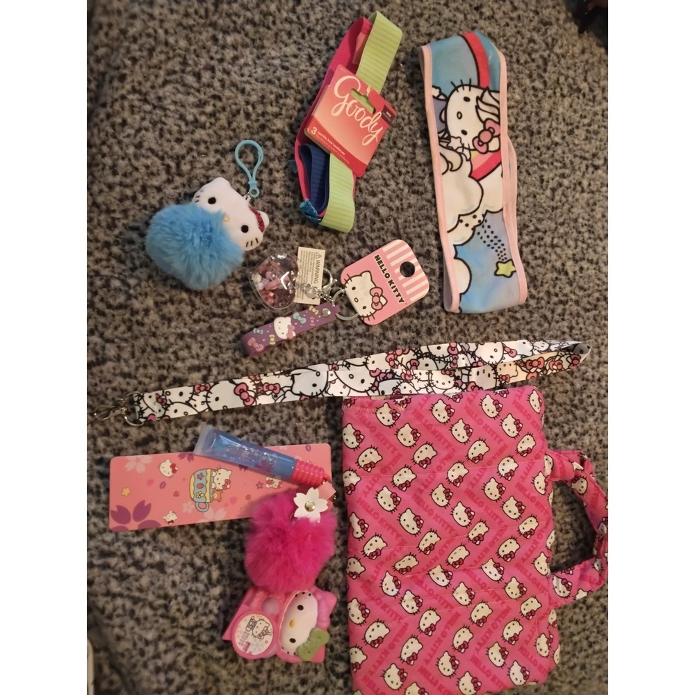 Hello Kitty Sanrio Accessory Bundle Handbag Lanyard Keychains Headbands Toy Lot